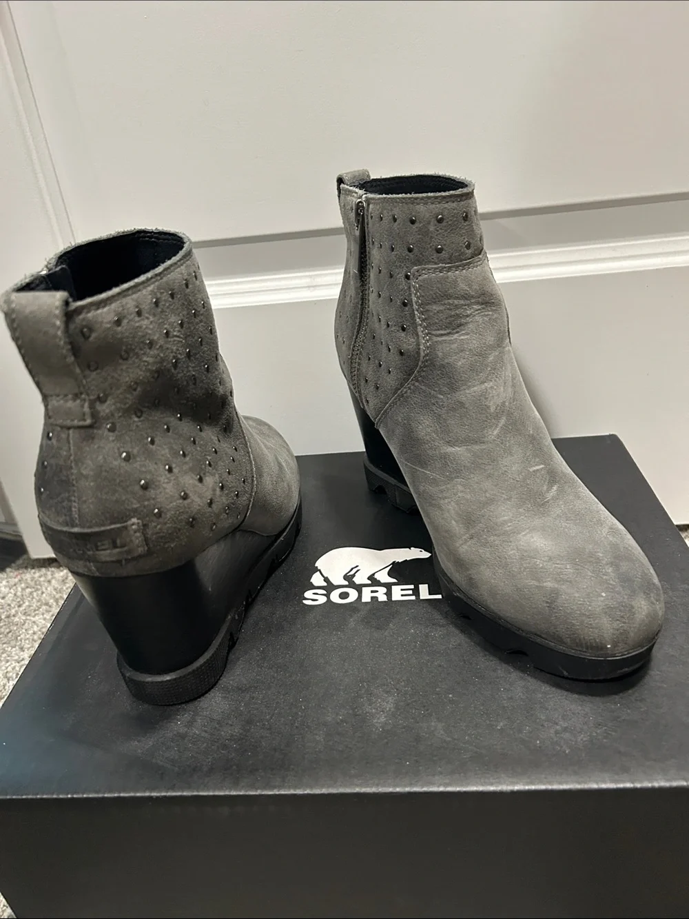 Sorel Gray Suede Studded Wedge Ankle Boots